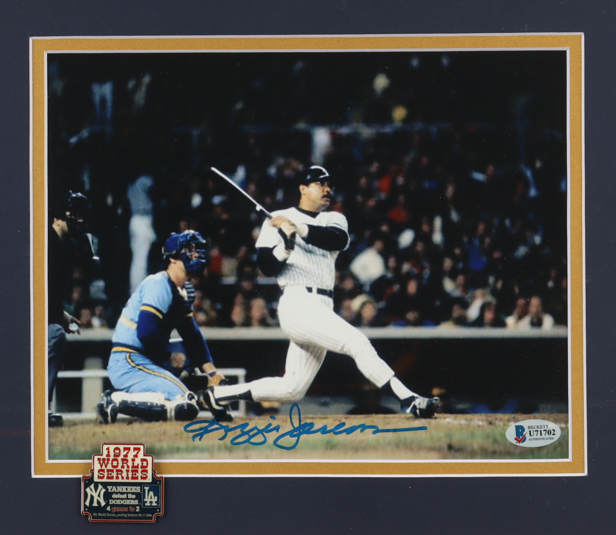 Reggie Jackson Signed Yankees Custom Framed Photos Display with 1977 World Series Pin (Beckett) at PristineAuction.com Reggie Jackson Signed Yankees Custom Framed Photos Display with 1977 World Series Pin (Beckett) at PristineAuction.com