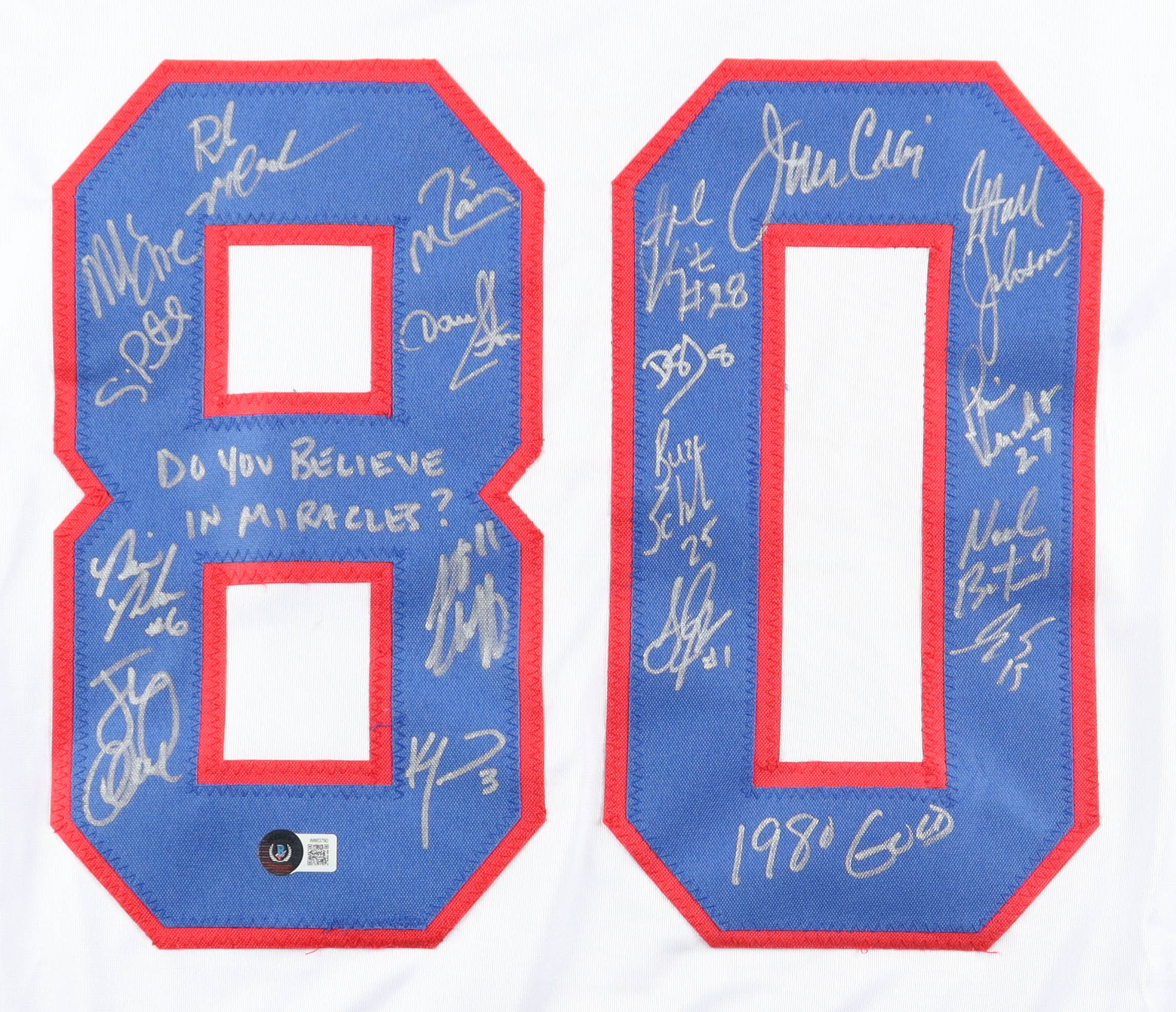 1980 Team USA | "Miracle on Ice" | Jersey Signed by (18) with Mike Eruzione, Jim Craig, Mark Johnson, Neal Broten & Inscribed "Do you Believe in Miracles?" & "1980 Gold" (Beckett) at PristineAuction.com 1980 Team USA | "Miracle on Ice" | Jersey Signed by (18) with Mike Eruzione, Jim Craig, Mark Johnson, Neal Broten & Inscribed "Do you Believe in Miracles?" & "1980 Gold" (Beckett) at PristineAuction.com