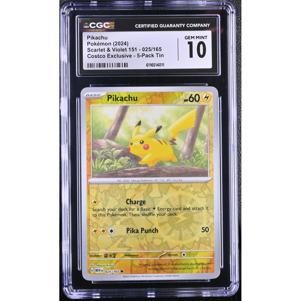 Pikachu 2024 Pokemon TCG Scarlet & Violet 151 Costco Exclusive 5-Pack Tin Reverse Cosmos #025 (CGC 10) at PristineAuction.com