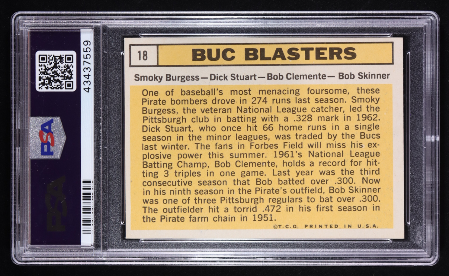 Smoky Burgess / Dick Stuart / Bob Clemente / Bob Skinner 1963 Topps #18 Buc Blasters (PSA 4) at PristineAuction.com Smoky Burgess / Dick Stuart / Bob Clemente / Bob Skinner 1963 Topps #18 Buc Blasters (PSA 4) at PristineAuction.com