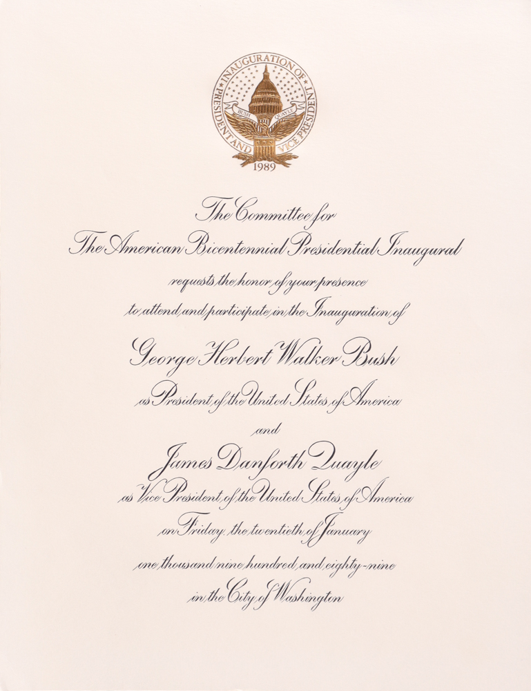 1989 George H. W. Bush Inauguration Invitation with Campaign Pin at PristineAuction.com 1989 George H. W. Bush Inauguration Invitation with Campaign Pin at PristineAuction.com