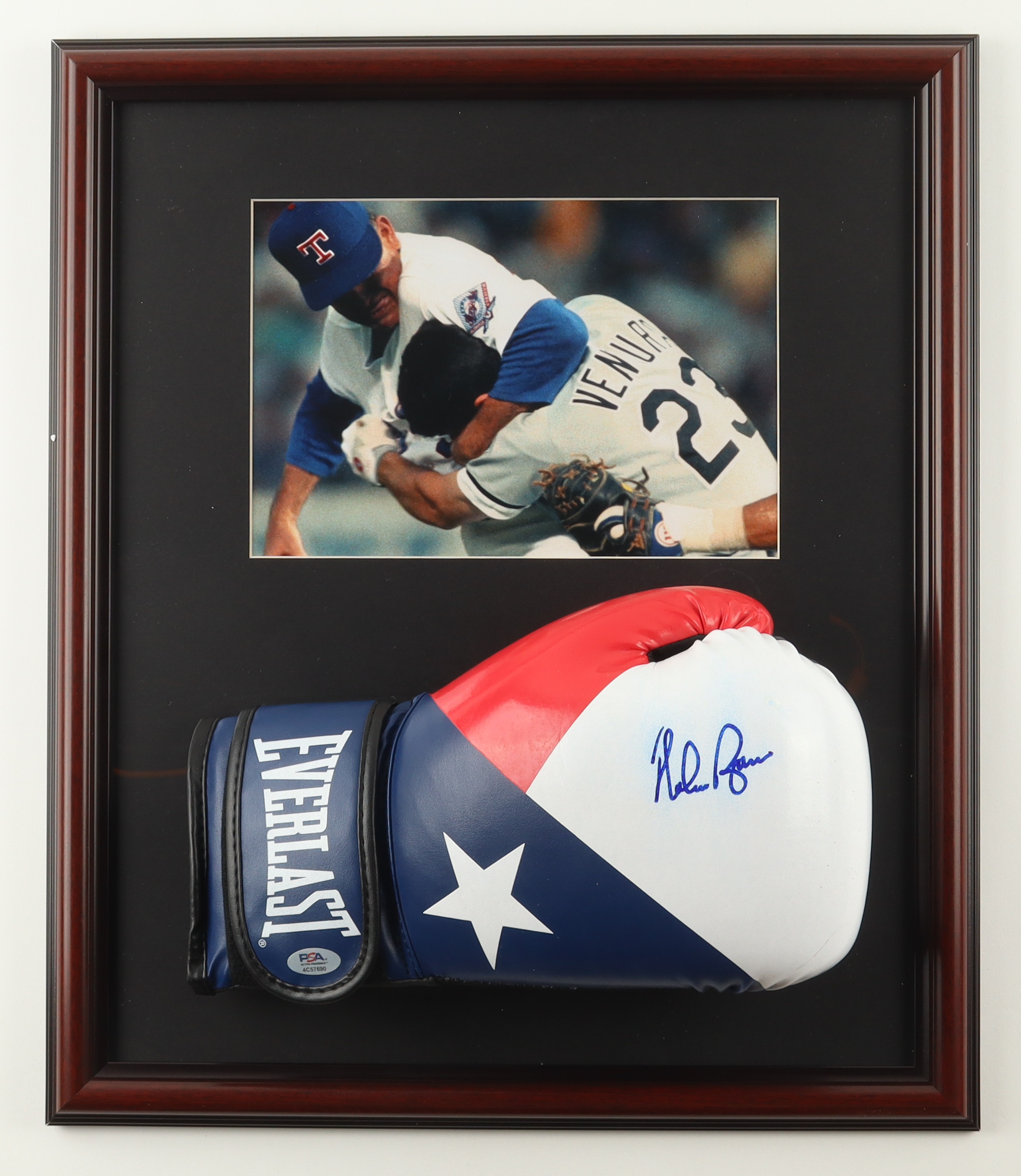 Nolan Ryan Signed Rangers Custom Framed Texas Flag Boxing Glove Display with Photo (PSA) at PristineAuction.com Nolan Ryan Signed Rangers Custom Framed Texas Flag Boxing Glove Display with Photo (PSA) at PristineAuction.com