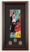 Michael Jordan Set Custom Framed Neiman Art Print Display with (3) Championship Pins at PristineAuction.com