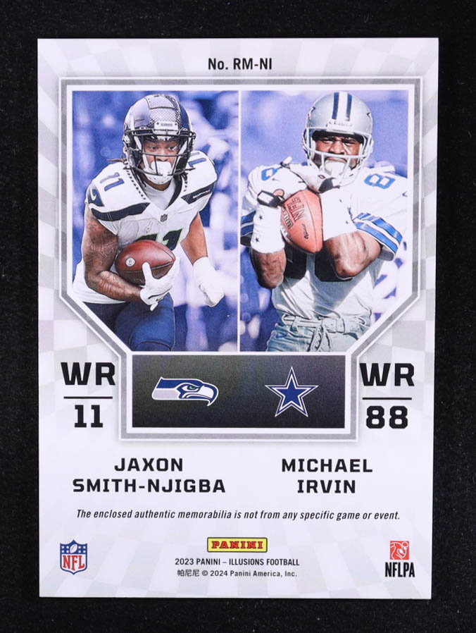 Jaxon Smith-Njigba / Michael Irvin 2023 Panini Illusions Rookie Idols Dual Memorabilia #8 at PristineAuction.com Jaxon Smith-Njigba / Michael Irvin 2023 Panini Illusions Rookie Idols Dual Memorabilia #8 at PristineAuction.com