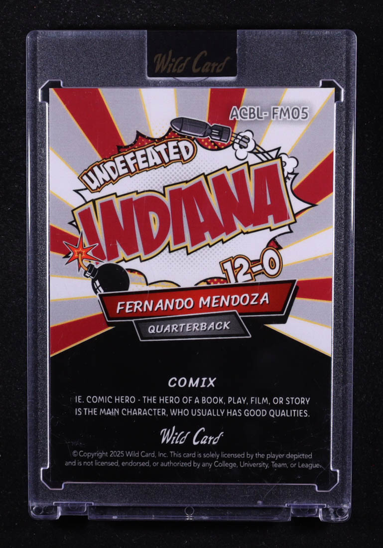Fernando Mendoza 2025 Wild Card Alumination Comix Undefeated Indiana Red and White Shock #ACBL-FM05 #2/3 RC at PristineAuction.com Fernando Mendoza 2025 Wild Card Alumination Comix Undefeated Indiana Red and White Shock #ACBL-FM05 #2/3 RC at PristineAuction.com