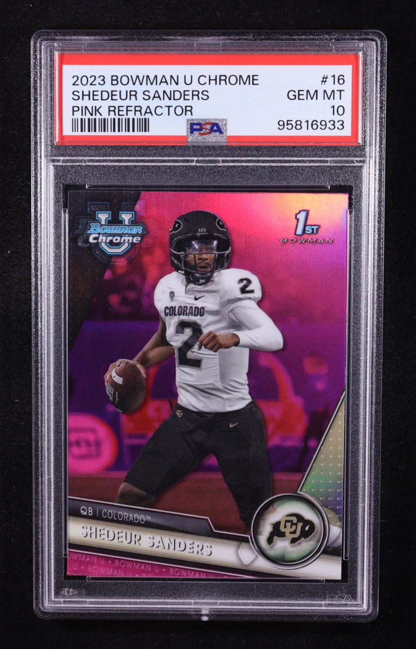 Shedeur Sanders 2023 Bowman Chrome University Pink Refractors #16 RC (PSA 10) at PristineAuction.com Shedeur Sanders 2023 Bowman Chrome University Pink Refractors #16 RC (PSA 10) at PristineAuction.com