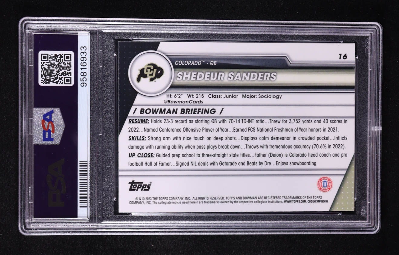 Shedeur Sanders 2023 Bowman Chrome University Pink Refractors #16 RC (PSA 10) at PristineAuction.com Shedeur Sanders 2023 Bowman Chrome University Pink Refractors #16 RC (PSA 10) at PristineAuction.com