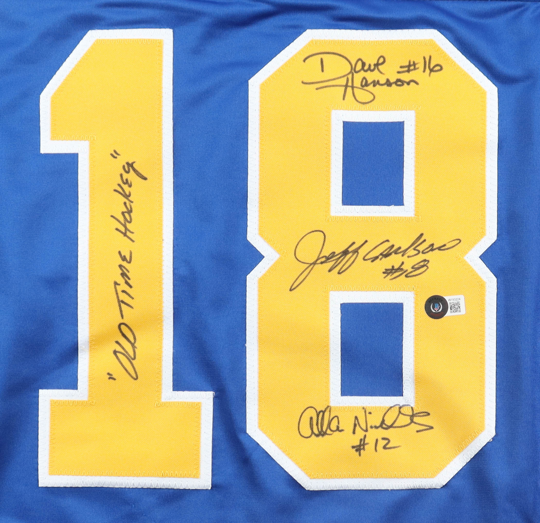 Dave Hanson, Allan Nicholls, & Jeff Carlson Signed Jersey Inscribed "Old Time Hockey" & "Upton" (Beckett) at PristineAuction.com Dave Hanson, Allan Nicholls, & Jeff Carlson Signed Jersey Inscribed "Old Time Hockey" & "Upton" (Beckett) at PristineAuction.com