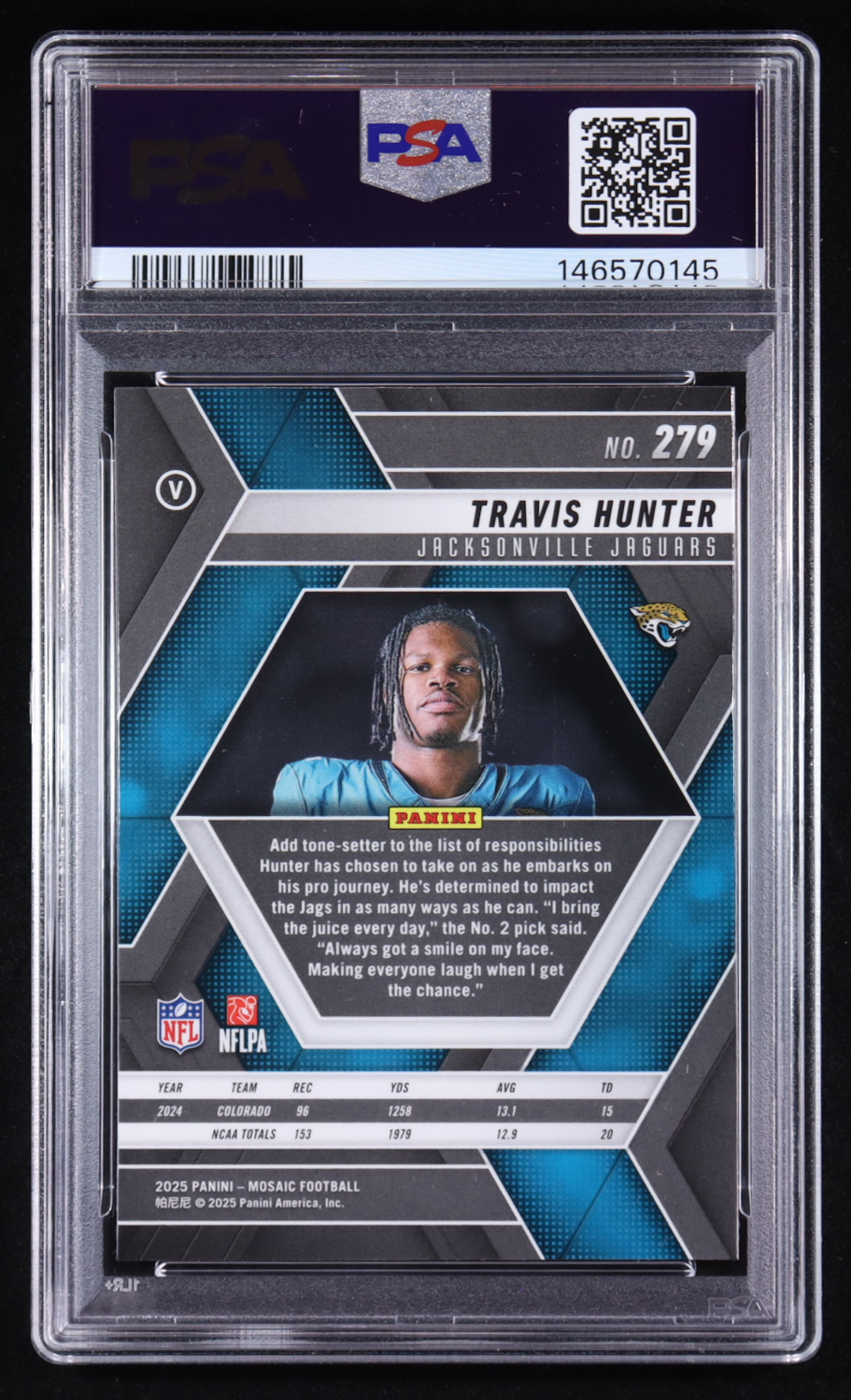 Travis Hunter 2025 Panini Mosaic #279 VAR RC (PSA 10) at PristineAuction.com Travis Hunter 2025 Panini Mosaic #279 VAR RC (PSA 10) at PristineAuction.com