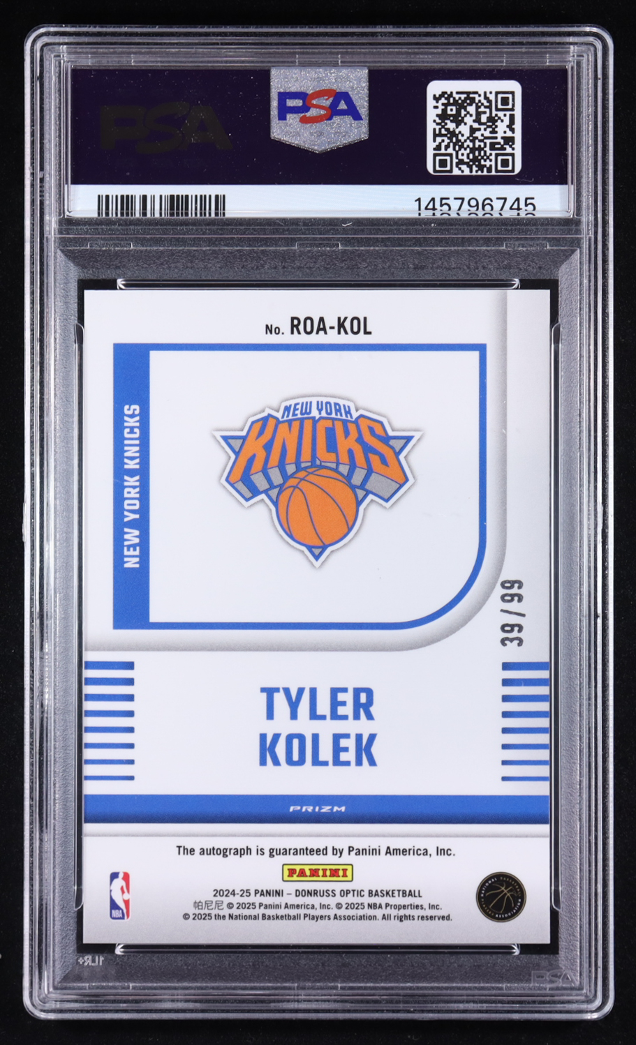 Tyler Kolek 2024-25 Donruss Optic Rookie Optics Autographs Holo #20 #39/99 RC (PSA 10) at PristineAuction.com Tyler Kolek 2024-25 Donruss Optic Rookie Optics Autographs Holo #20 #39/99 RC (PSA 10) at PristineAuction.com