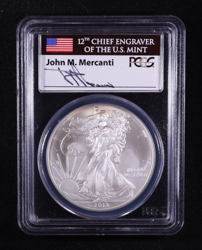 2013 American Silver Eagle, First Strike - John M. Mercanti Signature Label (PCGS MS69) at PristineAuction.com 2013 American Silver Eagle, First Strike - John M. Mercanti Signature Label (PCGS MS69) at PristineAuction.com