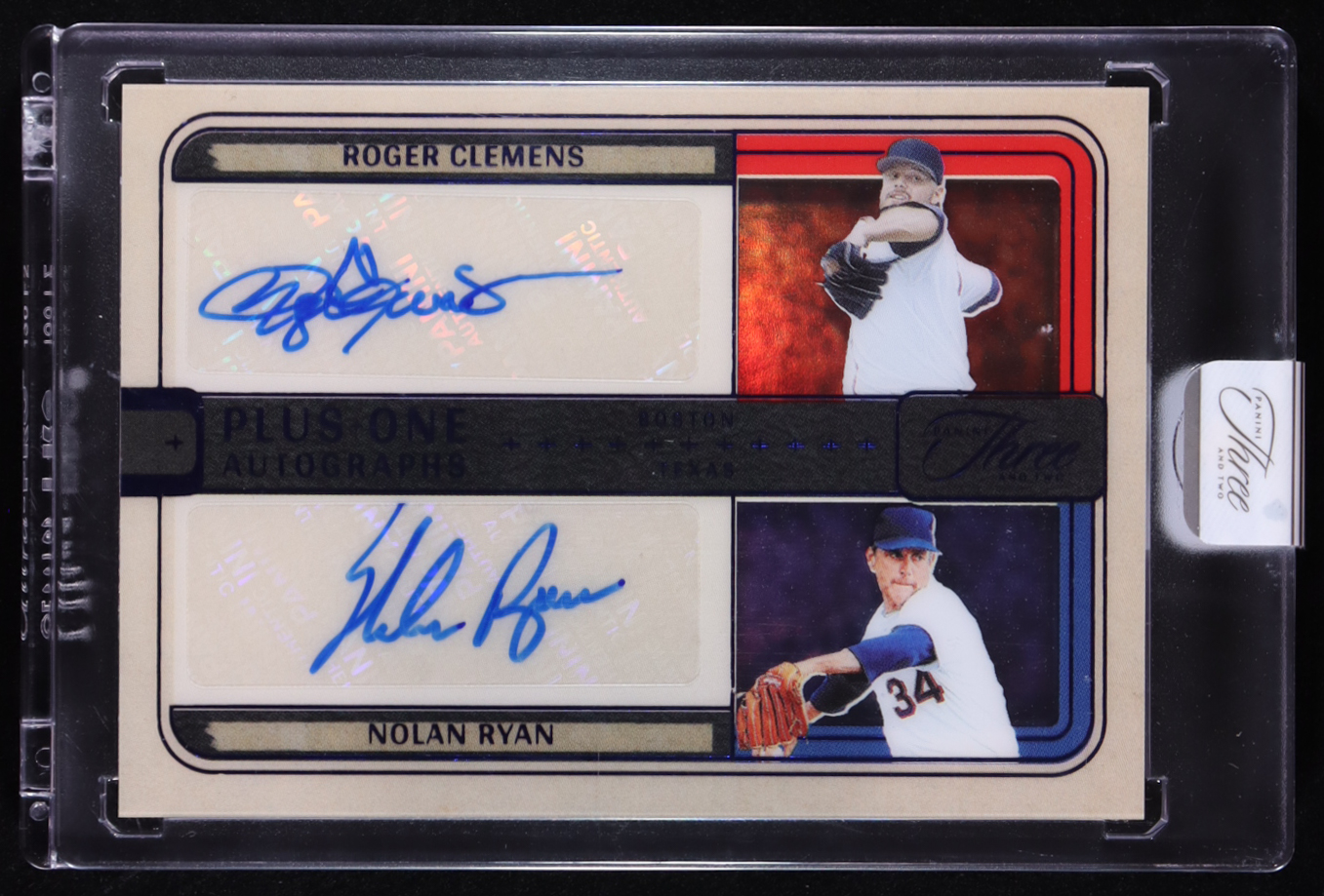 Roger Clemens / Nolan Ryan 2025 Panini Three and Two Plus One Autographs Blue #2 #17/32 at PristineAuction.com Roger Clemens / Nolan Ryan 2025 Panini Three and Two Plus One Autographs Blue #2 #17/32 at PristineAuction.com