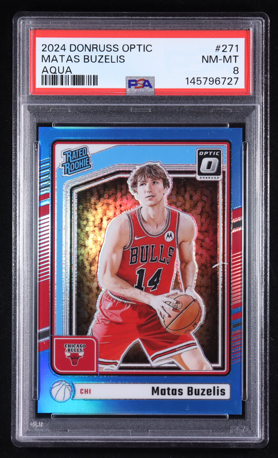 Matas Buzelis 2024-25 Donruss Optic Aqua #271 #156/225 RC (PSA 8) at PristineAuction.com Matas Buzelis 2024-25 Donruss Optic Aqua #271 #156/225 RC (PSA 8) at PristineAuction.com