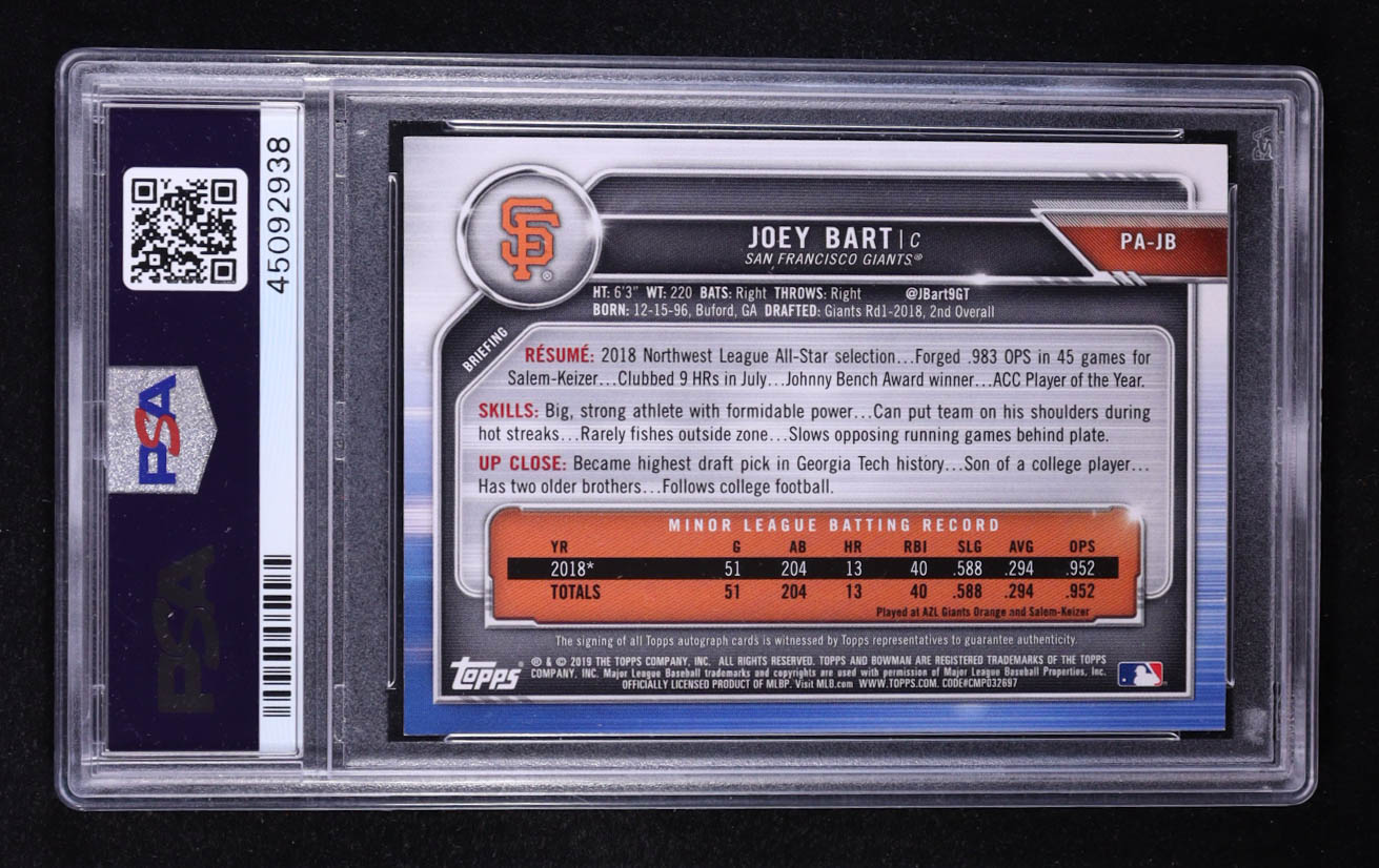 Joey Bart 2019 Bowman Prospect Autographs #PAJB RC (PSA 8) at PristineAuction.com Joey Bart 2019 Bowman Prospect Autographs #PAJB RC (PSA 8) at PristineAuction.com