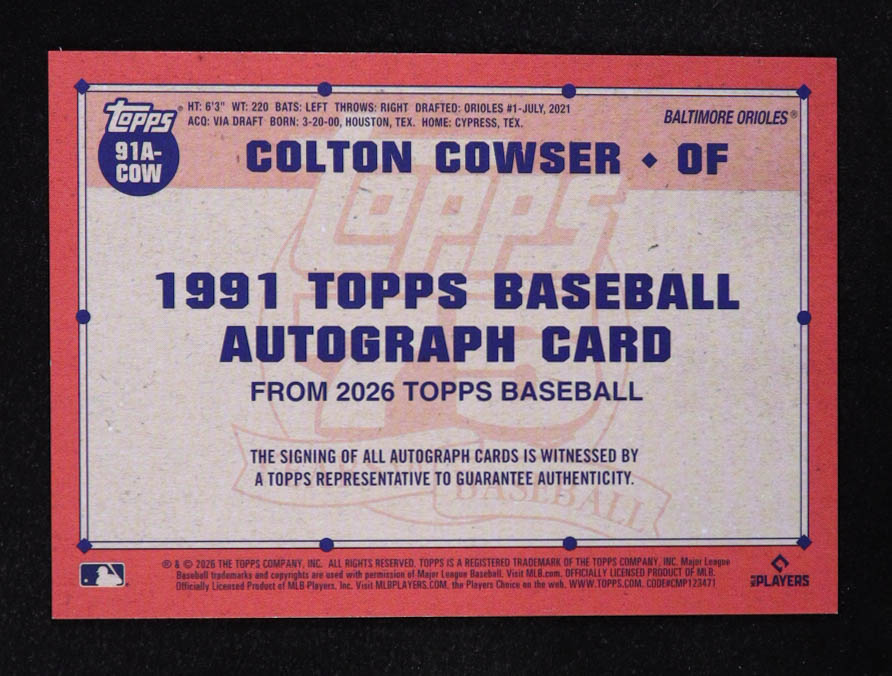 Colton Cowser 2026 Topps '91 Topps Autographs #91ACOW at PristineAuction.com Colton Cowser 2026 Topps '91 Topps Autographs #91ACOW at PristineAuction.com