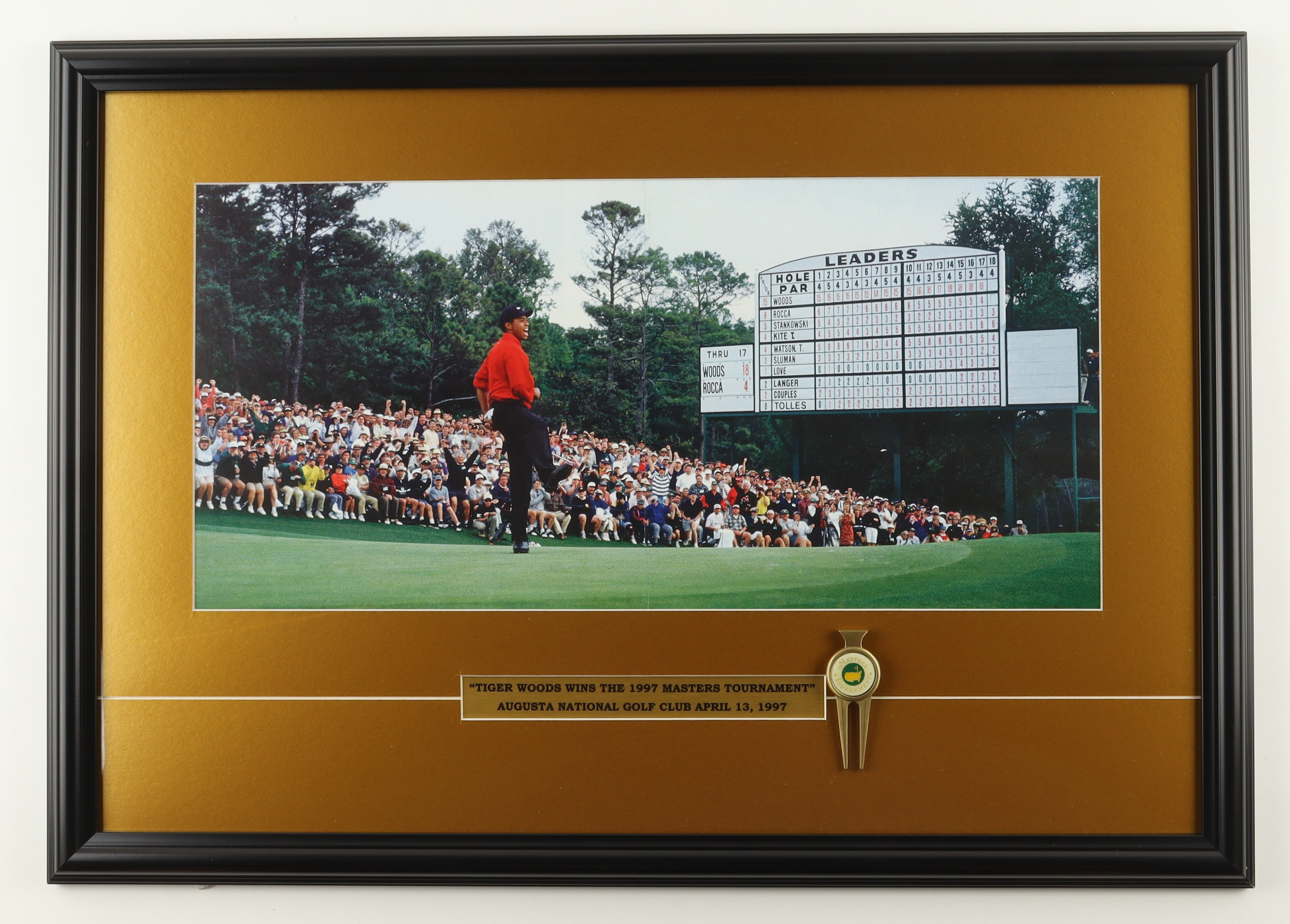 Tiger Woods at Augusta Custom Framed Photo Display with Masters Divot Repair Tool at PristineAuction.com Tiger Woods at Augusta Custom Framed Photo Display with Masters Divot Repair Tool at PristineAuction.com