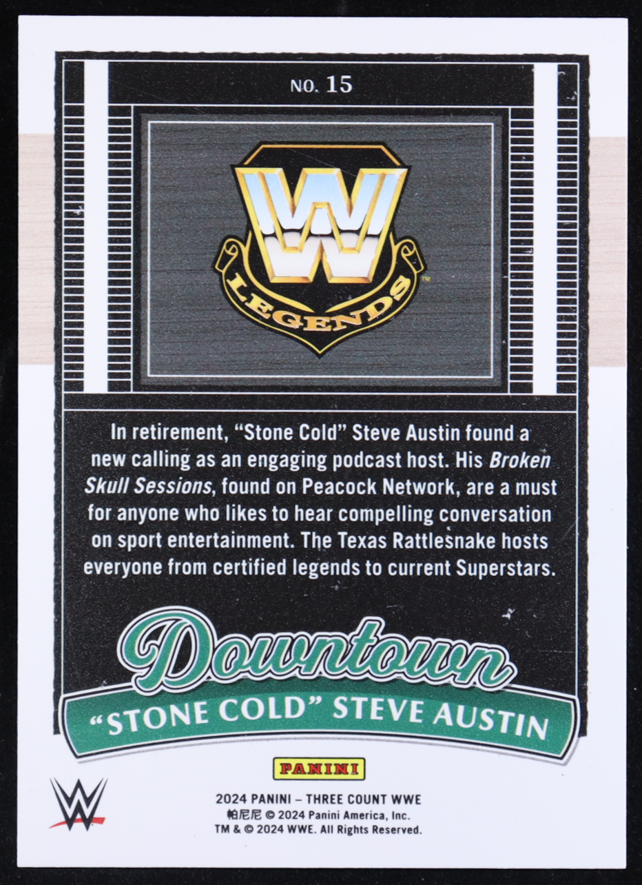 "Stone Cold" Steve Austin 2024 Panini Three Count WWE Downtown #15 at PristineAuction.com "Stone Cold" Steve Austin 2024 Panini Three Count WWE Downtown #15 at PristineAuction.com
