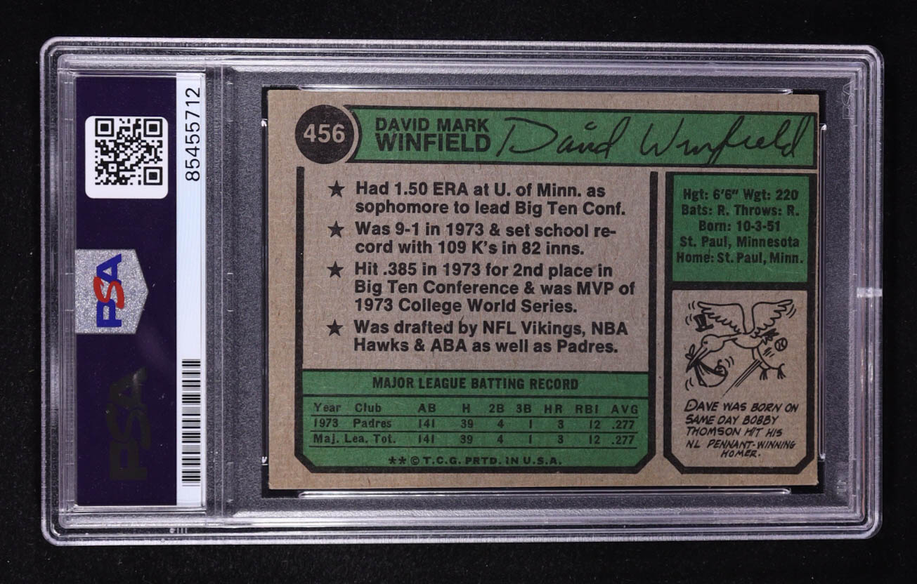 Dave Winfield Signed 1974 Topps Inscribed "HOF 2001" #456 RC (PSA) at PristineAuction.com Dave Winfield Signed 1974 Topps Inscribed "HOF 2001" #456 RC (PSA) at PristineAuction.com