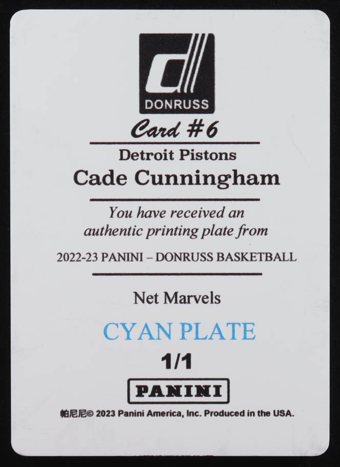Cade Cunningham 2022-23 Donruss Net Marvels Printing Plate Cyan #6 #1/1 at PristineAuction.com Cade Cunningham 2022-23 Donruss Net Marvels Printing Plate Cyan #6 #1/1 at PristineAuction.com