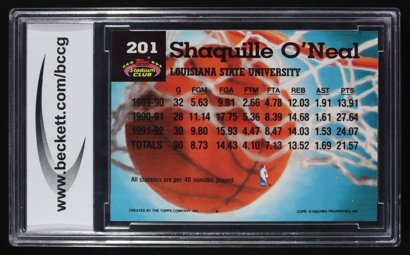 Shaquille O'Neal 1992-93 Stadium Club #201 MC RC (BCCG 10) at PristineAuction.com Shaquille O'Neal 1992-93 Stadium Club #201 MC RC (BCCG 10) at PristineAuction.com
