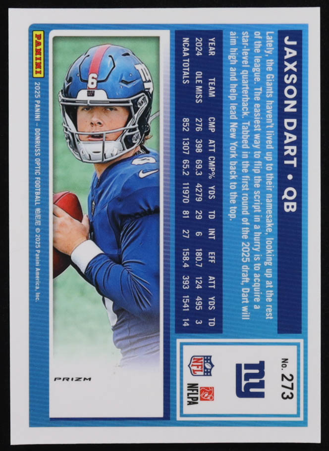 Jaxson Dart 2025 Donruss Optic Purple Shock #273 RR RC at PristineAuction.com Jaxson Dart 2025 Donruss Optic Purple Shock #273 RR RC at PristineAuction.com