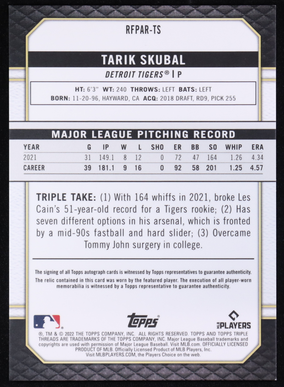 Tarik Skubal 2022 Topps Triple Threads #RFPARTS JSY AU #41/99 at PristineAuction.com Tarik Skubal 2022 Topps Triple Threads #RFPARTS JSY AU #41/99 at PristineAuction.com