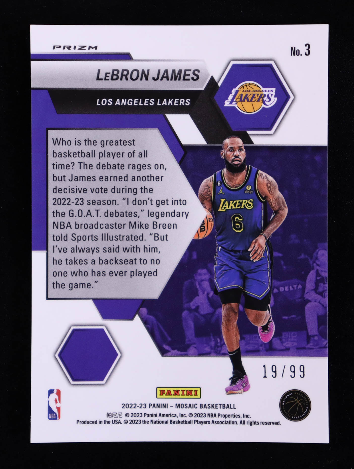 LeBron James 2022-23 Panini Mosaic Montage Mosaic Purple #3 #19/99 at PristineAuction.com LeBron James 2022-23 Panini Mosaic Montage Mosaic Purple #3 #19/99 at PristineAuction.com