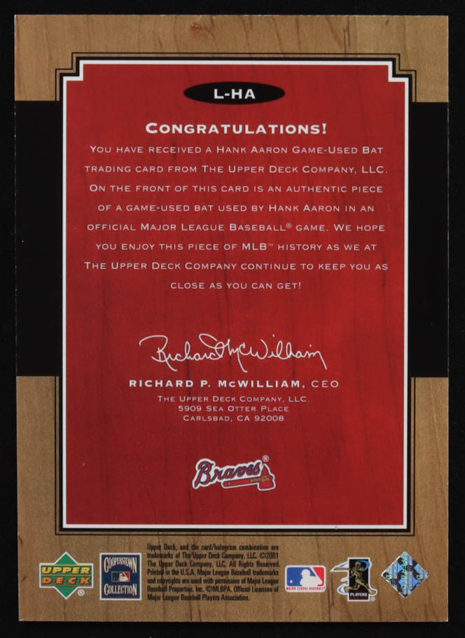 Hank Aaron 2001 Upper Deck Legends Legendary Lumber #LHA at PristineAuction.com Hank Aaron 2001 Upper Deck Legends Legendary Lumber #LHA at PristineAuction.com