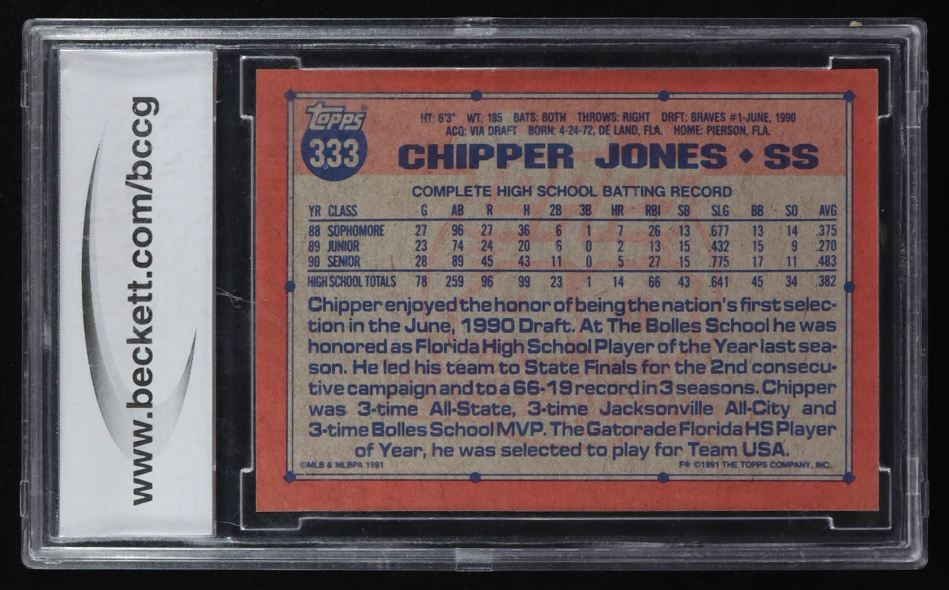 Chipper Jones 1991 Topps #333 RC (BCCG 10) at PristineAuction.com Chipper Jones 1991 Topps #333 RC (BCCG 10) at PristineAuction.com