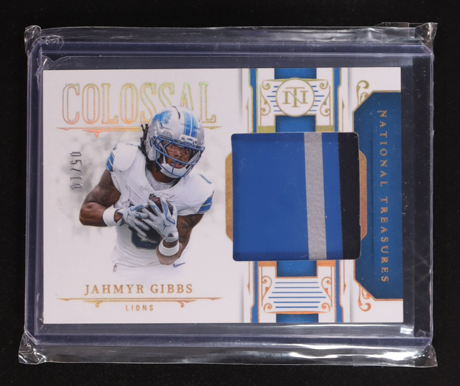 Jahmyr Gibbs 2025 Panini National Treasures Colossal Materials Prime Holo Gold #20 #05/10 at PristineAuction.com Jahmyr Gibbs 2025 Panini National Treasures Colossal Materials Prime Holo Gold #20 #05/10 at PristineAuction.com
