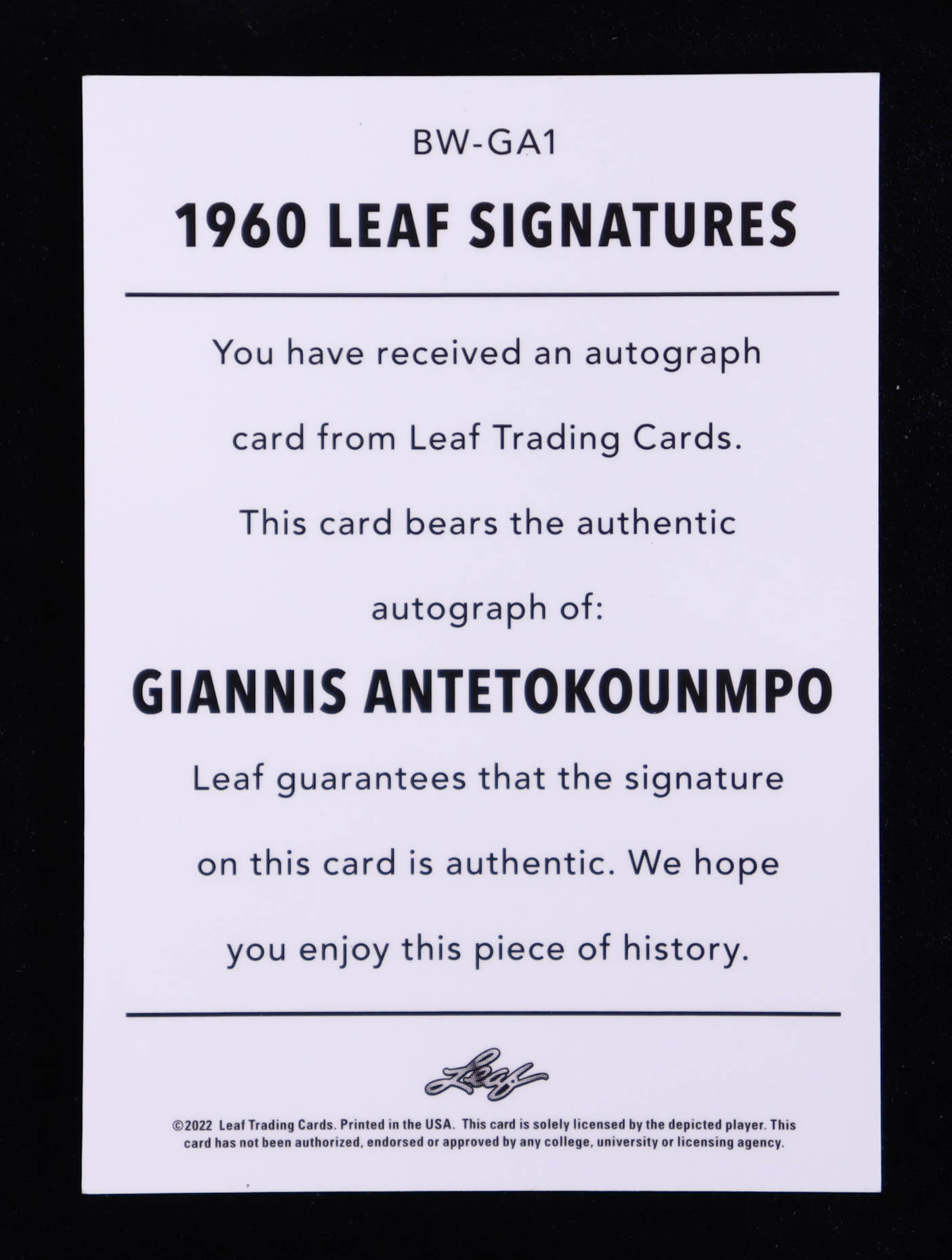 Giannis Antetokounmpo 2021-22 Leaf Memories '60 #BWGA1 at PristineAuction.com Giannis Antetokounmpo 2021-22 Leaf Memories '60 #BWGA1 at PristineAuction.com