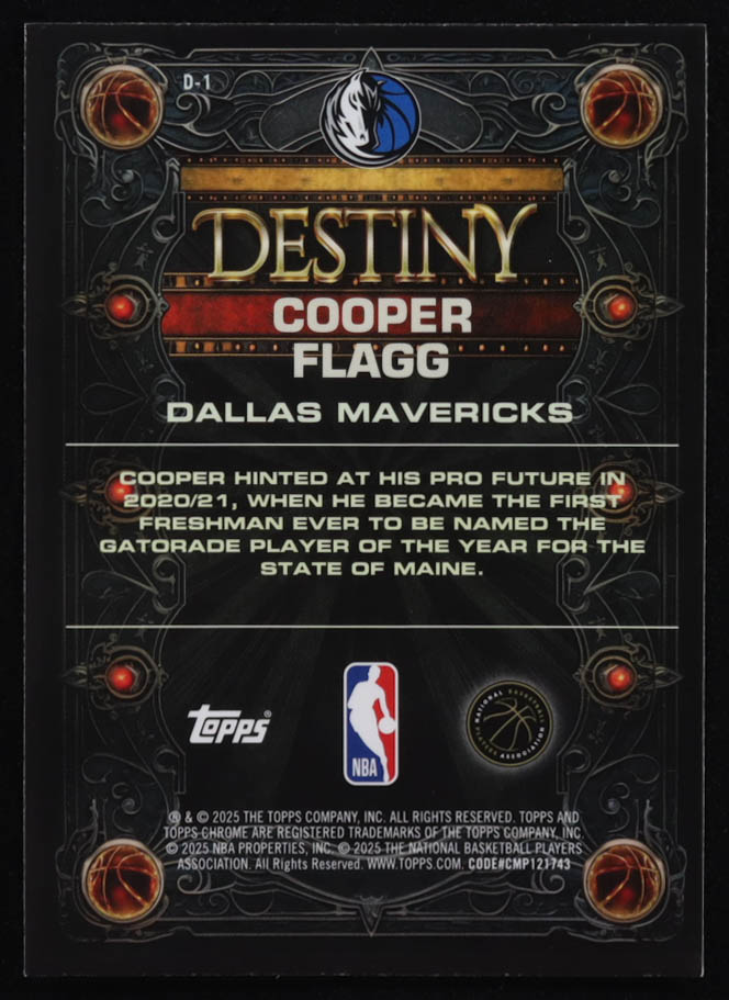 Cooper Flagg 2025-26 Topps Chrome Destiny #D1 RC at PristineAuction.com Cooper Flagg 2025-26 Topps Chrome Destiny #D1 RC at PristineAuction.com