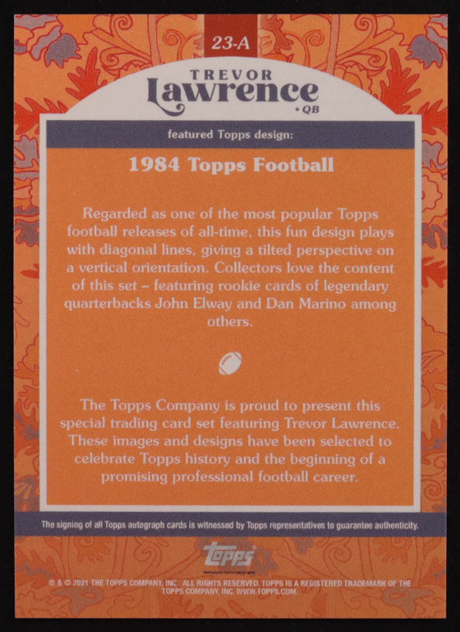 Trevor Lawrence 2021 Topps X Trevor Lawrence Autographs Orange #23 1984 Topps Football RC at PristineAuction.com Trevor Lawrence 2021 Topps X Trevor Lawrence Autographs Orange #23 1984 Topps Football RC at PristineAuction.com