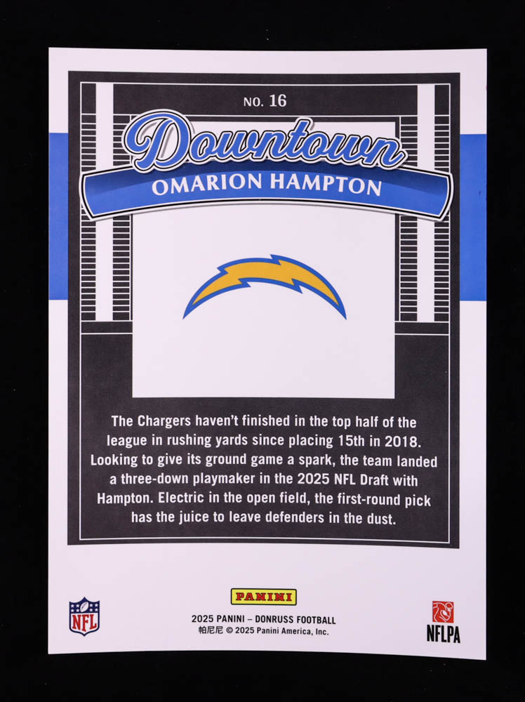 Omarion Hampton 2025 Donruss Downtown! Oversize #16 RC at PristineAuction.com Omarion Hampton 2025 Donruss Downtown! Oversize #16 RC at PristineAuction.com