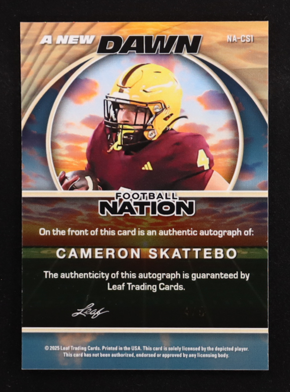 Cameron Skattebo 2025 Leaf Football Nation A New Dawn Autographs Sparkle Pink #NACS1 RC #4/6 at PristineAuction.com Cameron Skattebo 2025 Leaf Football Nation A New Dawn Autographs Sparkle Pink #NACS1 RC #4/6 at PristineAuction.com