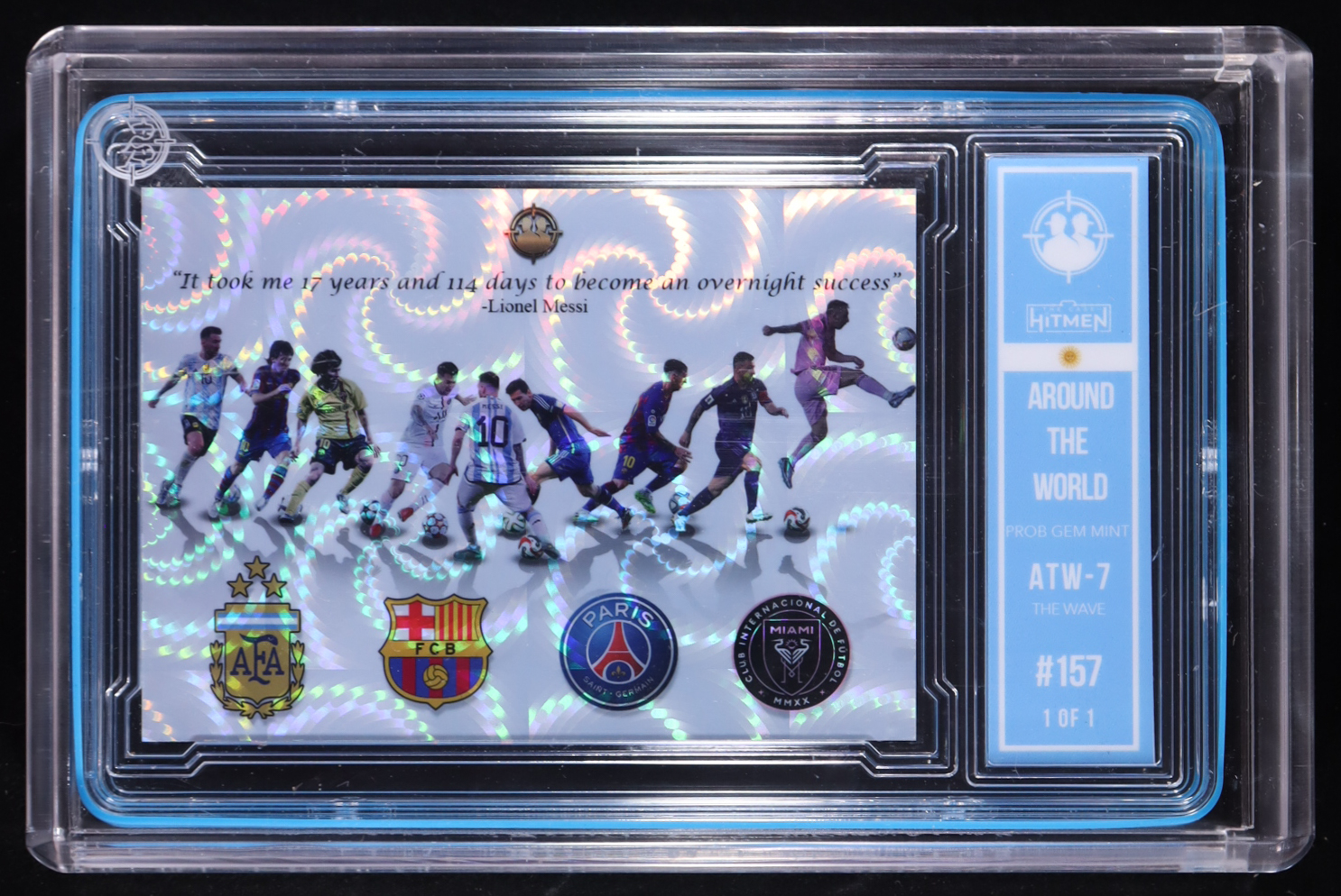 Lionel Messi - Around the World ATW-7 The Wave #157 - 2024 The Case Hitmen 1/1 Custom Art Card at PristineAuction.com Lionel Messi - Around the World ATW-7 The Wave #157 - 2024 The Case Hitmen 1/1 Custom Art Card at PristineAuction.com