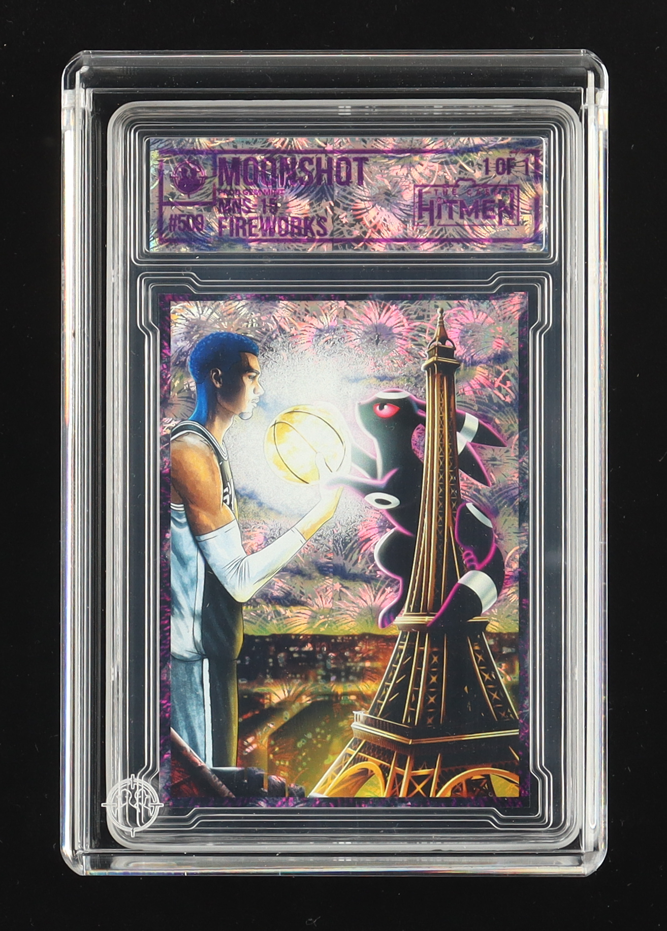 Victor Wembanyama - Moonshot MNS-15 Fireworks #509 - 2026 The Case Hitmen 1/1 Custom Art Card with Display Case at PristineAuction.com Victor Wembanyama - Moonshot MNS-15 Fireworks #509 - 2026 The Case Hitmen 1/1 Custom Art Card with Display Case at PristineAuction.com