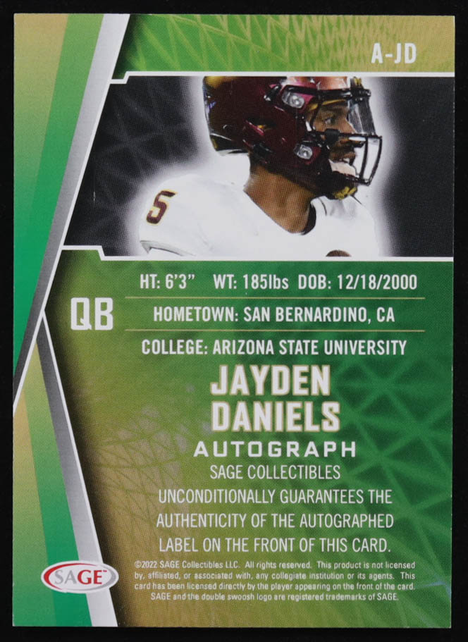Jayden Daniels 2022 SAGE HIT Autographs Black #AJD RC at PristineAuction.com Jayden Daniels 2022 SAGE HIT Autographs Black #AJD RC at PristineAuction.com