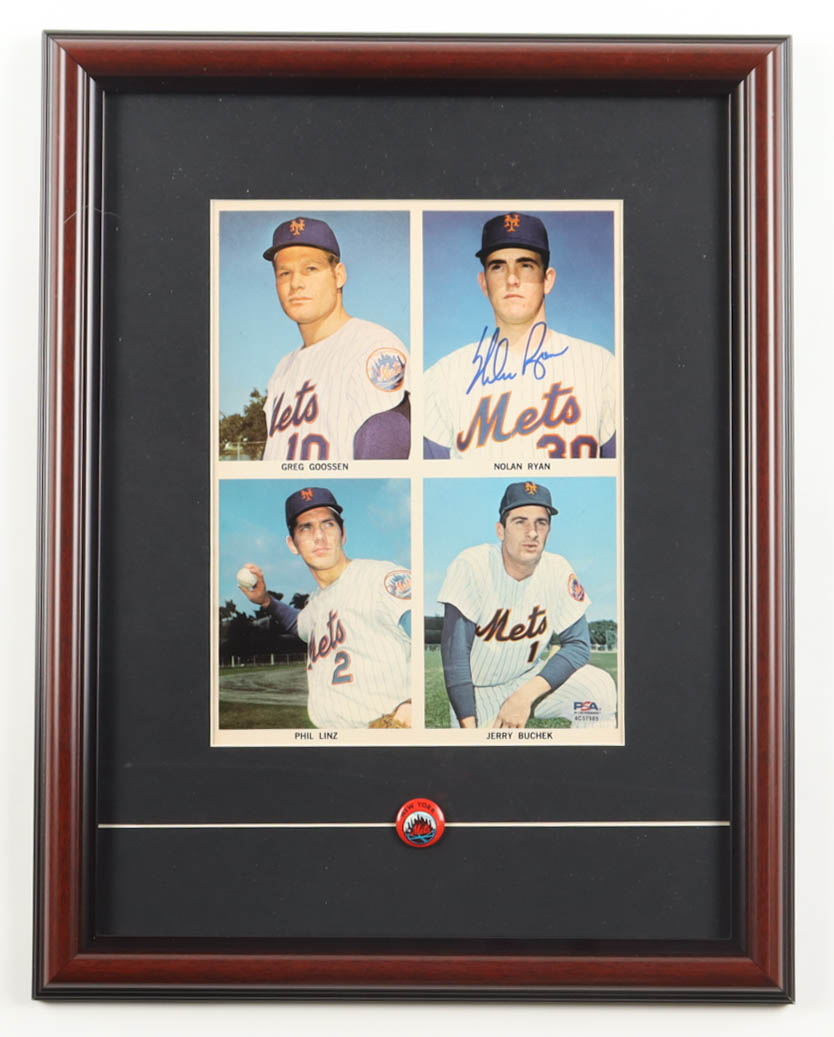Nolan Ryan Signed 1968 Mets Uncut Custom Framed Sheet Display with Mets Logo Pin (PSA) at PristineAuction.com Nolan Ryan Signed 1968 Mets Uncut Custom Framed Sheet Display with Mets Logo Pin (PSA) at PristineAuction.com