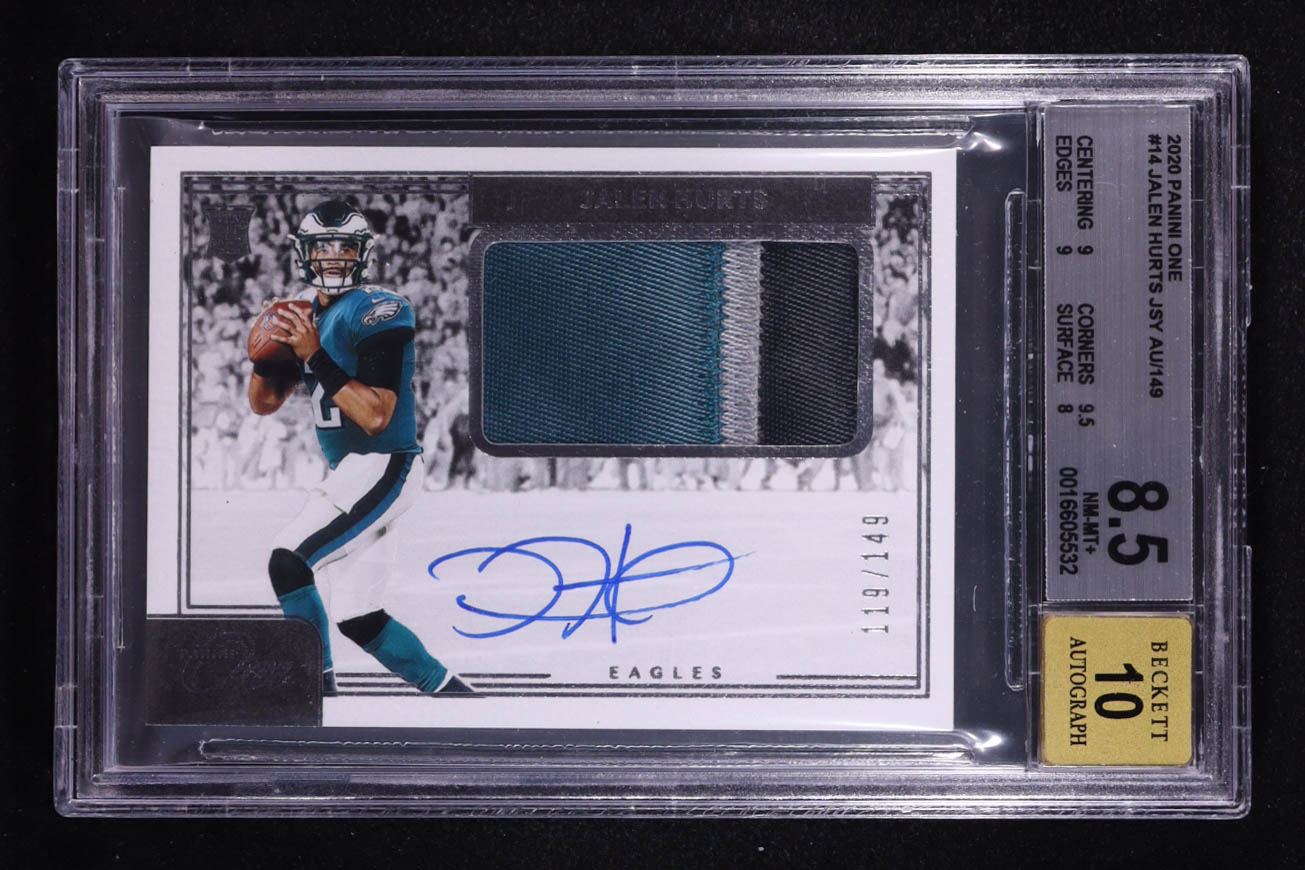 Jalen Hurts 2020 Panini One Jersey Auto #14 RC #119/149 (BGS 8.5 | Autograph Graded BGS 10) at PristineAuction.com Jalen Hurts 2020 Panini One Jersey Auto #14 RC #119/149 (BGS 8.5 | Autograph Graded BGS 10) at PristineAuction.com