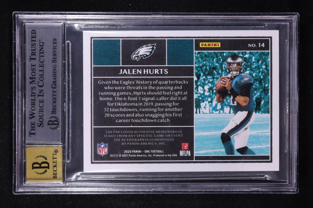 Jalen Hurts 2020 Panini One Jersey Auto #14 RC #119/149 (BGS 8.5 | Autograph Graded BGS 10) at PristineAuction.com Jalen Hurts 2020 Panini One Jersey Auto #14 RC #119/149 (BGS 8.5 | Autograph Graded BGS 10) at PristineAuction.com