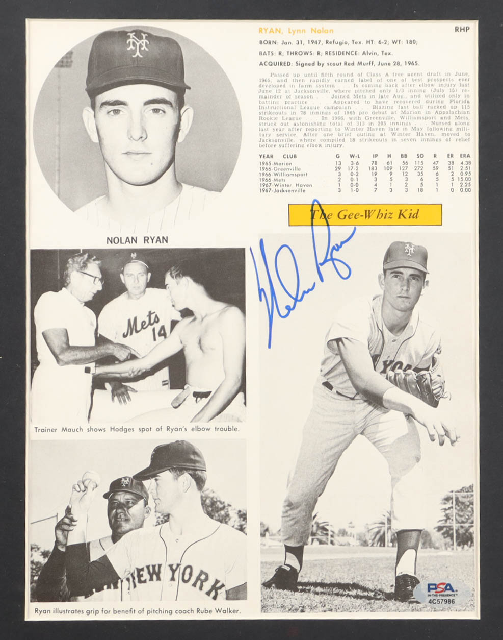 Nolan Ryan Signed 1968 Rookie Year Custom Framed Program Sheet Display with Mets Logo Pin (PSA) at PristineAuction.com Nolan Ryan Signed 1968 Rookie Year Custom Framed Program Sheet Display with Mets Logo Pin (PSA) at PristineAuction.com