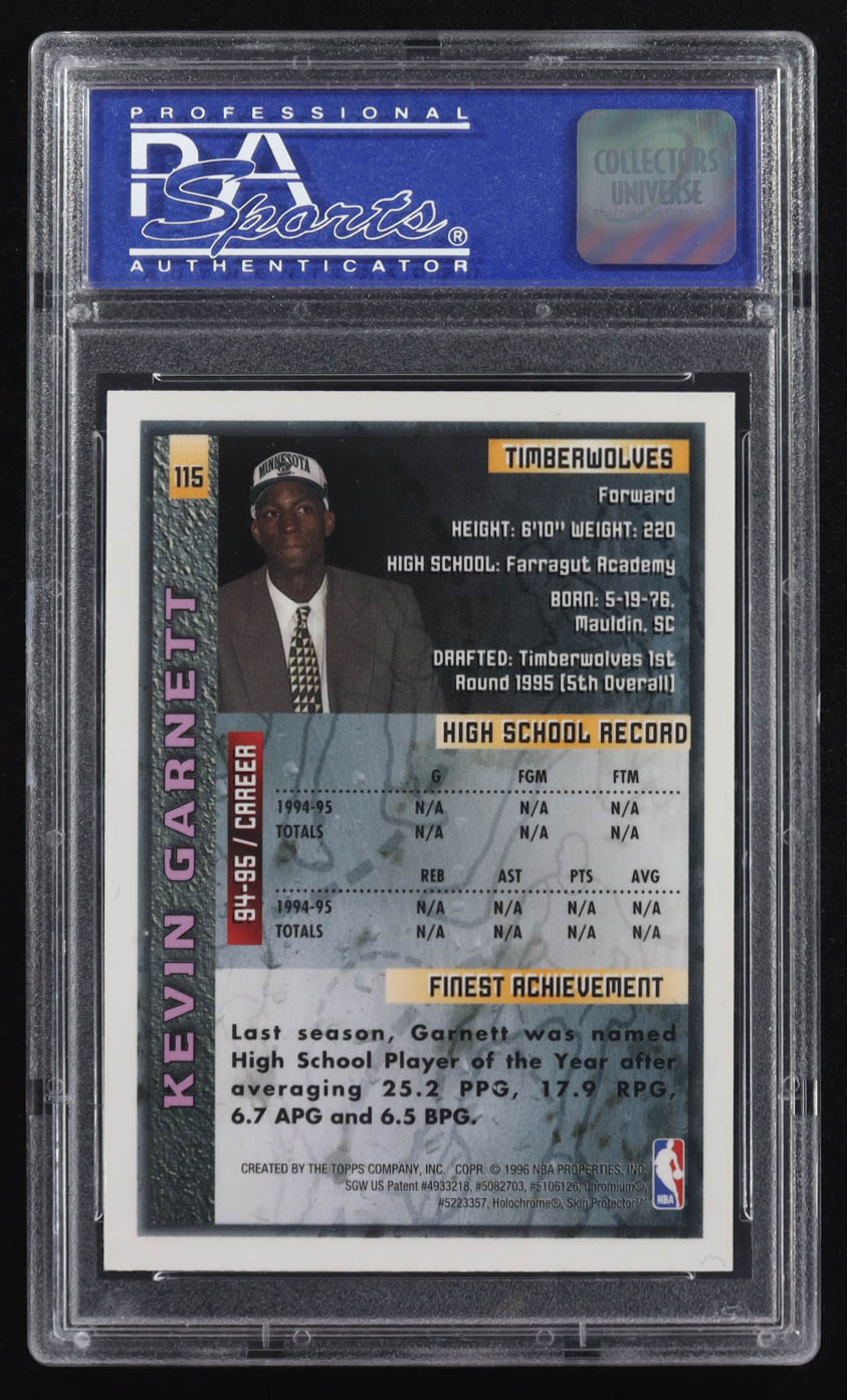 Kevin Garnett 1995-96 Finest #115 RC with Coating (PSA 9) at PristineAuction.com Kevin Garnett 1995-96 Finest #115 RC with Coating (PSA 9) at PristineAuction.com