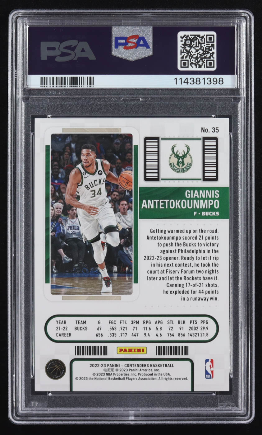 Giannis Antetokounmpo 2022-23 Panini Contenders Cracked Ice Ticket #35 #12/25 (PSA 9) at PristineAuction.com Giannis Antetokounmpo 2022-23 Panini Contenders Cracked Ice Ticket #35 #12/25 (PSA 9) at PristineAuction.com