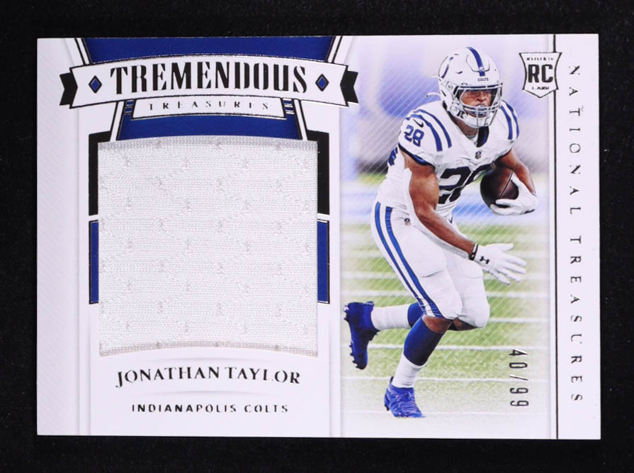 Jonathan Taylor 2020 Panini National Treasures Tremendous Treasures Rookie Materials #TTR-JT RC #40/99 at PristineAuction.com Jonathan Taylor 2020 Panini National Treasures Tremendous Treasures Rookie Materials #TTR-JT RC #40/99 at PristineAuction.com