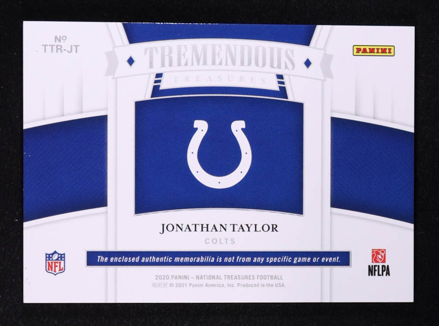 Jonathan Taylor 2020 Panini National Treasures Tremendous Treasures Rookie Materials #TTR-JT RC #40/99 at PristineAuction.com Jonathan Taylor 2020 Panini National Treasures Tremendous Treasures Rookie Materials #TTR-JT RC #40/99 at PristineAuction.com