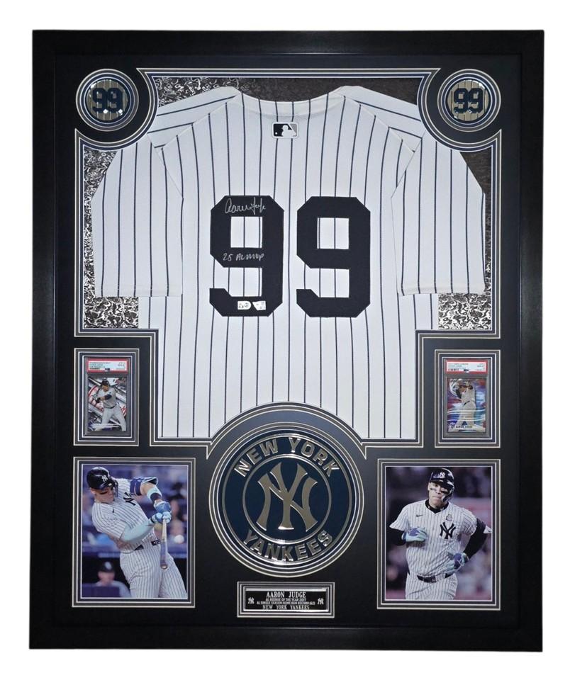 Aaron Judge Signed Yankees Custom Framed Nike Jersey Inscribed "25 AL MVP" with LED Display & (2) PSA 10 Graded Rookie Cards (Fanatics & MLB) at PristineAuction.com Aaron Judge Signed Yankees Custom Framed Nike Jersey Inscribed "25 AL MVP" with LED Display & (2) PSA 10 Graded Rookie Cards (Fanatics & MLB) at PristineAuction.com
