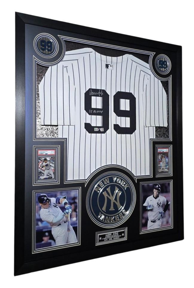 Aaron Judge Signed Yankees Custom Framed Nike Jersey Inscribed "25 AL MVP" with LED Display & (2) PSA 10 Graded Rookie Cards (Fanatics & MLB) at PristineAuction.com Aaron Judge Signed Yankees Custom Framed Nike Jersey Inscribed "25 AL MVP" with LED Display & (2) PSA 10 Graded Rookie Cards (Fanatics & MLB) at PristineAuction.com