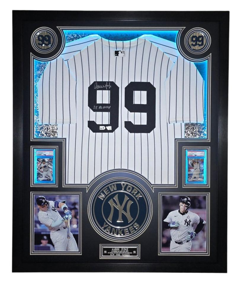 Aaron Judge Signed Yankees Custom Framed Nike Jersey Inscribed "25 AL MVP" with LED Display & (2) PSA 10 Graded Rookie Cards (Fanatics & MLB) at PristineAuction.com Aaron Judge Signed Yankees Custom Framed Nike Jersey Inscribed "25 AL MVP" with LED Display & (2) PSA 10 Graded Rookie Cards (Fanatics & MLB) at PristineAuction.com