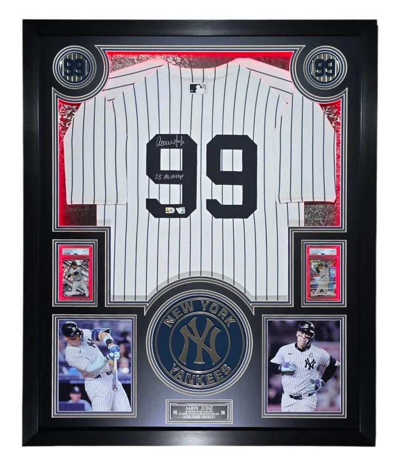 Aaron Judge Signed Yankees Custom Framed Nike Jersey Inscribed "25 AL MVP" with LED Display & (2) PSA 10 Graded Rookie Cards (Fanatics & MLB) at PristineAuction.com Aaron Judge Signed Yankees Custom Framed Nike Jersey Inscribed "25 AL MVP" with LED Display & (2) PSA 10 Graded Rookie Cards (Fanatics & MLB) at PristineAuction.com